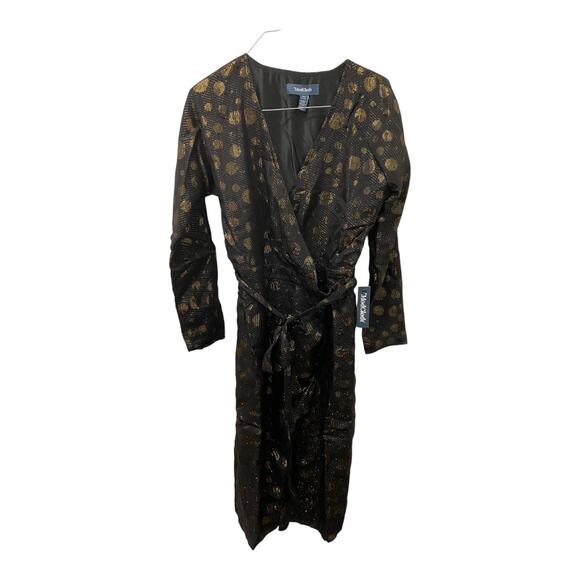 NWT ModCloth Golden Record Party Wrap Dress XS Black Gold Tie Waist Retro Chic - Picture 2 of 7